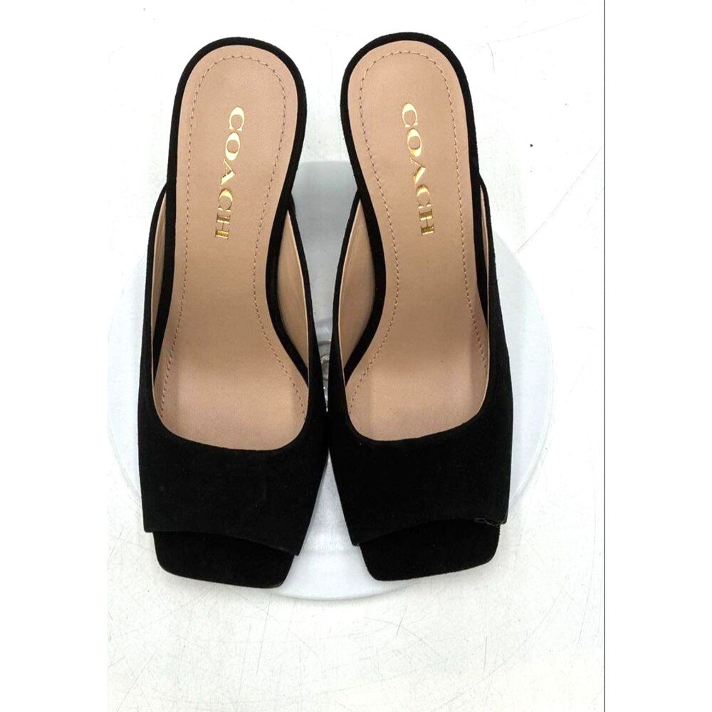 13663  Coach Eleni C1228 Black Suede Peep Toe Flared Block Heel Mules Size 8B